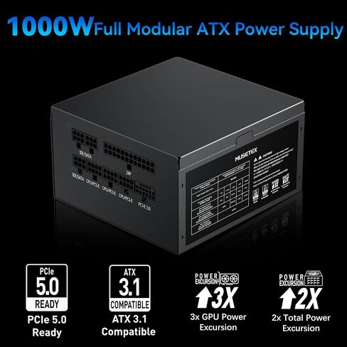MUSETEX PC Power Supply 1000W، ATX 3.1 & PCIE 5.0 Gaming Power Supply، Full Modular ATX Power Supply، 105 درجة مئوية مكثفات رئيسية، مع كابل 12V-2x6، مروحة تبريد فائقة الهدوء 140 مم، PC PSU، (أسود) (MU1000) in Kuwait