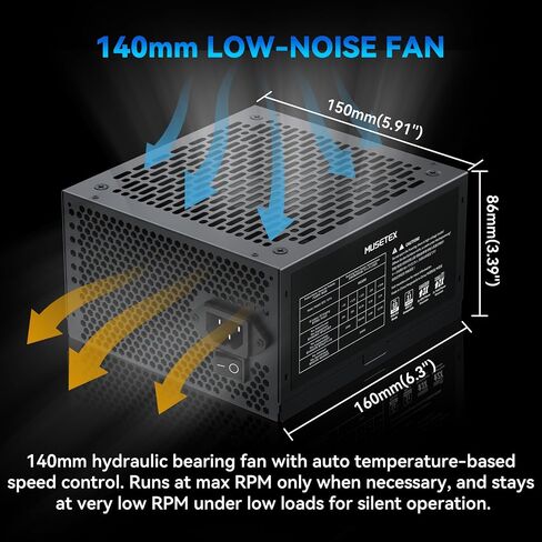 MUSETEX PC Power Supply 1000W، ATX 3.1 & PCIE 5.0 Gaming Power Supply، Full Modular ATX Power Supply، 105 درجة مئوية مكثفات رئيسية، مع كابل 12V-2x6، مروحة تبريد فائقة الهدوء 140 مم، PC PSU، (أسود) (MU1000) in Kuwait
