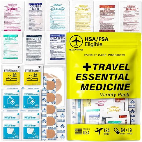 EVERLIT CARE Travel Essential Medicine First Aid Kit I Bonus Medical Supplies I TSA Compliant Mini Size Medkit for Traveling Camping Trips Individually Packed 64 Tablets (Refill Pack) in Saudi Arabia