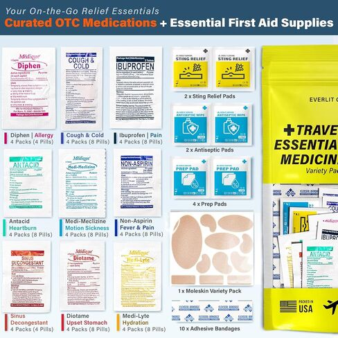 EVERLIT CARE Travel Essential Medicine First Aid Kit I Bonus Medical Supplies I TSA Compliant Mini Size Medkit for Traveling Camping Trips Individually Packed 64 Tablets (Refill Pack) in Saudi Arabia