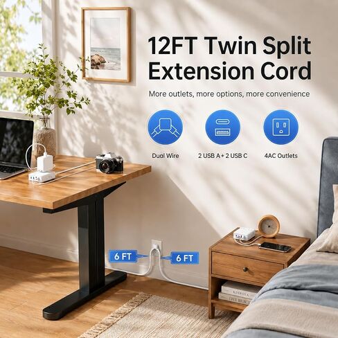 Split Extension Cord 12FT(6FT Per Side) - Single 4 AC & 4 USB Ports in Saudi Arabia