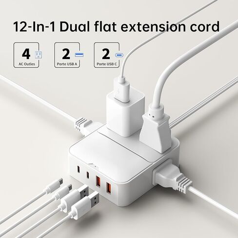 Split Extension Cord 12FT(6FT Per Side) - Single 4 AC & 4 USB Ports in Saudi Arabia
