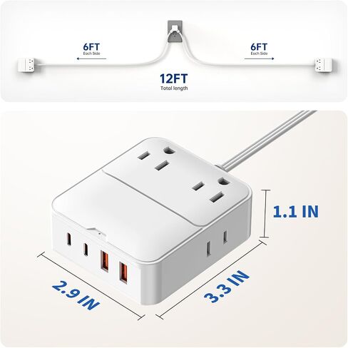Split Extension Cord 12FT(6FT Per Side) - Single 4 AC & 4 USB Ports in Saudi Arabia