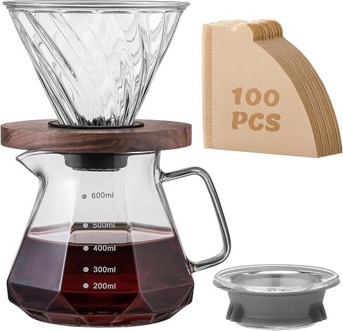 Pour Over Coffee Maker Set – Drip Coffee Pot with bamboo Handle, Glass Coffee Dripper & 100 Filters, 20oz/600ml Capacity in Kuwait