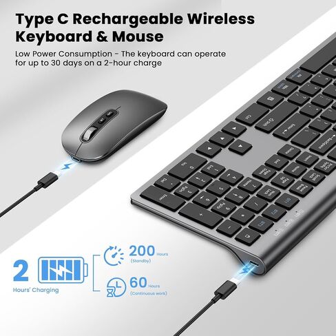 Rechargeable Wireless Bluetooth Keyboard and Mouse Combo, Full Size Silent Ergonomic Scissor Switch Keyboard and Optical Mouse Set, 2.4G Lag-Free Cordless Keyboard Mice for Computer,Mac,Laptop,PC-Grey in Saudi Arabia