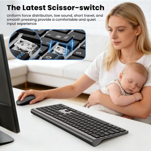 Rechargeable Wireless Bluetooth Keyboard and Mouse Combo, Full Size Silent Ergonomic Scissor Switch Keyboard and Optical Mouse Set, 2.4G Lag-Free Cordless Keyboard Mice for Computer,Mac,Laptop,PC-Grey in Saudi Arabia