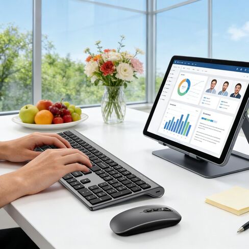 Rechargeable Wireless Bluetooth Keyboard and Mouse Combo, Full Size Silent Ergonomic Scissor Switch Keyboard and Optical Mouse Set, 2.4G Lag-Free Cordless Keyboard Mice for Computer,Mac,Laptop,PC-Grey in Saudi Arabia