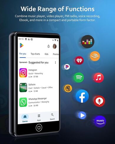 144GB MP3 Player with Bluetooth and WiFi, Android Spotify Music Player for Pandora, Amazon Music, Audible. 4.02" Touchscreen, Speaker, Supports Play Store,Up to 1TB in Saudi Arabia