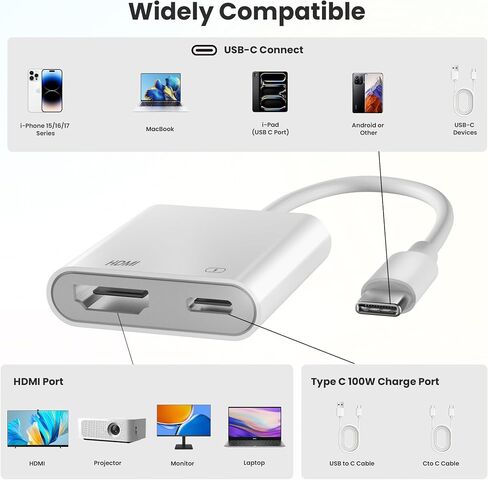 USB C to HDMI Adapter for iPhone 17 16 15 to TV, 4K@60Hz iPhone USB C to HDTV Adapter with 100W Fast Charging Port, MFi Certified iPhone Dongle USB C to Hdmi for iPad/TV/Projector/Monitor in Saudi Arabia