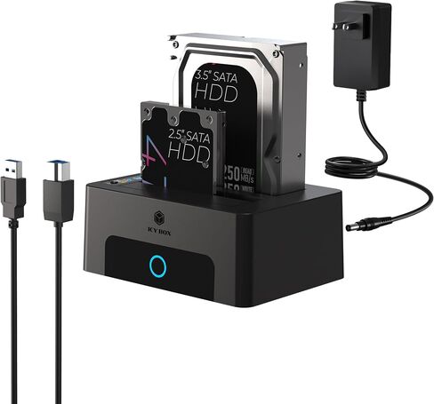 ICY BOX Dual-Bay Hard Drive Docking Station for 2.5 & 3.5 SSD HDD Up to 60TB , USB C 3.0 to SATA I/II/III Hard Drive Enclosure Reader with Offline Clone and Duplicator Function Tool Free Plug&Play in Saudi Arabia