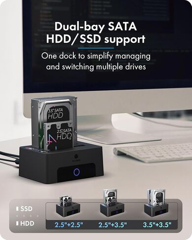ICY BOX Dual-Bay Hard Drive Docking Station for 2.5 & 3.5 SSD HDD Up to 60TB , USB C 3.0 to SATA I/II/III Hard Drive Enclosure Reader with Offline Clone and Duplicator Function Tool Free Plug&Play in Saudi Arabia