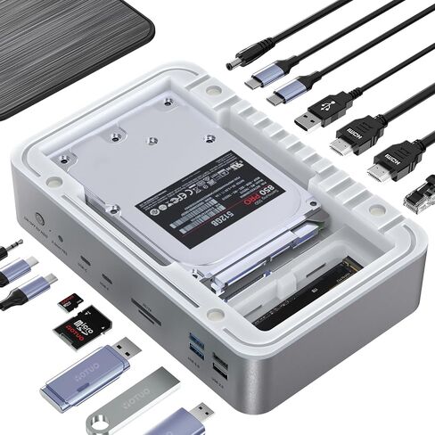 YOTUO 16-in-1 Docking Station with M.2 NVMe/SATA SSD + 2.5/3.5" HDD/SSD Enclosure, Dual 4K HDMI, 10Gbps USB-C, 100W PD, Gigabit Ethernet, SD/TF Reader for Mac/Windows in Kuwait
