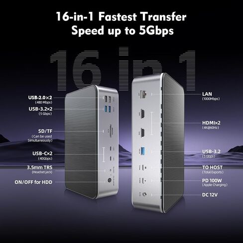 YOTUO 16-in-1 Docking Station with M.2 NVMe/SATA SSD + 2.5/3.5" HDD/SSD Enclosure, Dual 4K HDMI, 10Gbps USB-C, 100W PD, Gigabit Ethernet, SD/TF Reader for Mac/Windows in Kuwait
