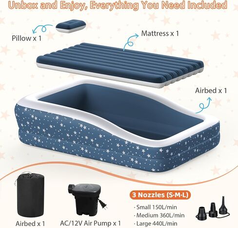Inflatable Toddler Bed for Travel Safety Guard Rails 300lb Capacity Blue in Kuwait