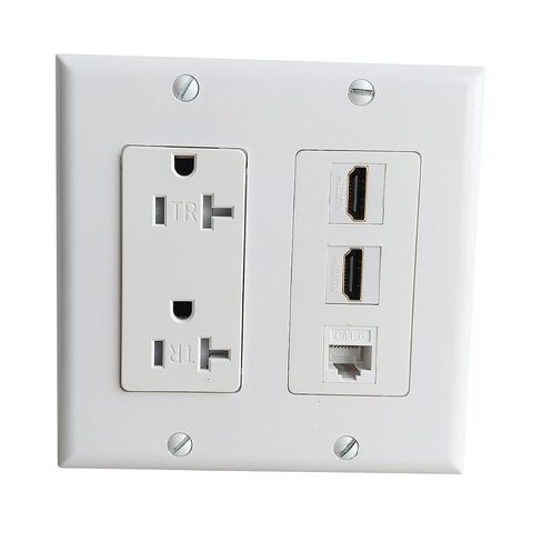 Double Gang Power Outlet with 2 Port HDMI 1 CAT6 Ethernet Wall Plate, 2 Gang Receptacle Outlet with 2 4k/8K HDMI Jack + 1 CAT 6 Keystone Jack Cover Plate - White in Saudi Arabia