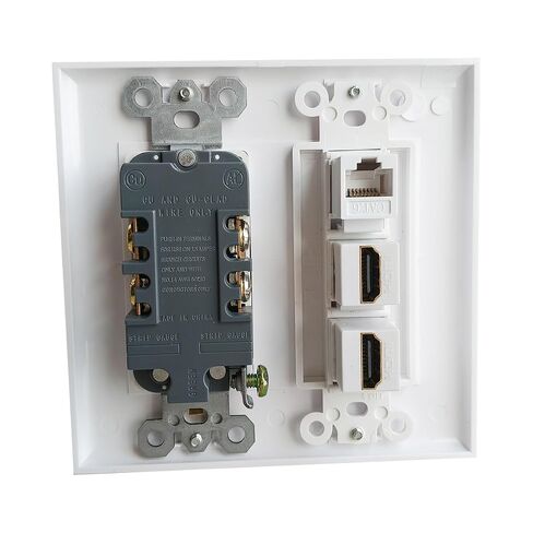 Double Gang Power Outlet with 2 Port HDMI 1 CAT6 Ethernet Wall Plate, 2 Gang Receptacle Outlet with 2 4k/8K HDMI Jack + 1 CAT 6 Keystone Jack Cover Plate - White in Saudi Arabia
