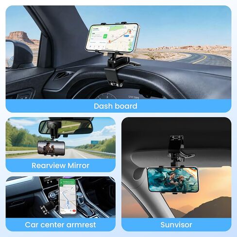 Car Phone Holder Mount Dashboard Rearview Mirror Sun Visor 360 Degree Rotation Multifunctional Adjustable Spring Clip Car Universal Phone Mount for 4-7 inch Cellphone in Saudi Arabia