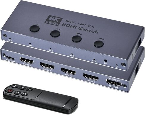 8K HDMI 2.1 Switch, HDMI 2.1 Switcher 4 in 1 Out Supports CEC 8K@60Hz, 4K@240Hz, 1080P@480Hz, HDCP 2.3 HDR 3D Dolby Atmos VRR Compatible with PS5 Xbox Blu-Ray Player with IR Remote Controller in Saudi Arabia