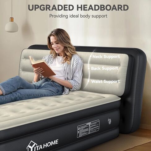 YITAHOME مرتبة هوائية علوية مقاس 18 بوصة مع مضخة ولوح أمامي مربوط، سرير متين قابل للنفخ، مرتبة قابلة للنفخ للاستخدام الداخلي والخارجي، أسود in Kuwait