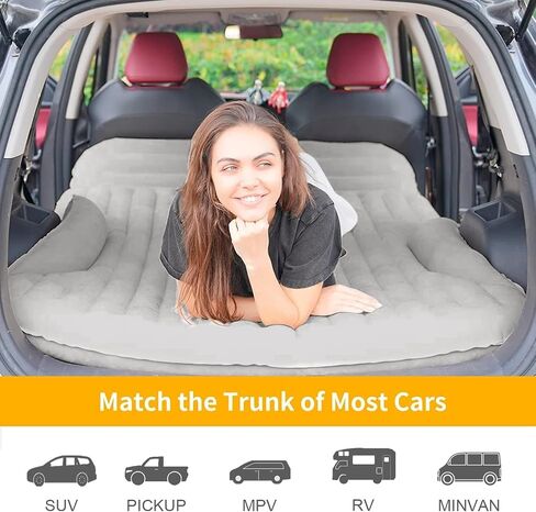 KMZ SUV Air Mattress Thickened and Double-Sided Flocking Travel Camping Bed with 2 Pillows & Pump Dedicated Mobile Cushion Inflatable Bed for SUV Trunk and Rear Seat (Light Gray) in Kuwait