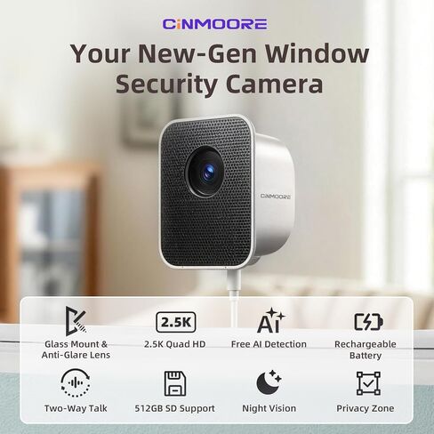 2.5K Window Security Camera for Home, Wireless No Drill Anti-Glare, Free AI Human/Vehicle/Pet Detection, Color Night Vision, 5000mAh Battery & Wired Dual Power, Indoor/Outdoor, 24/7 Recording in Saudi Arabia