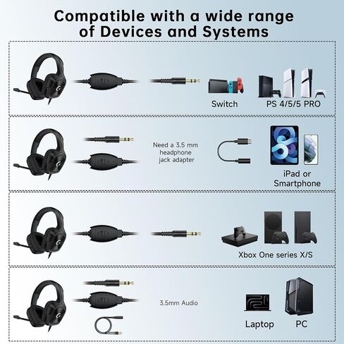 syndesmos Wired Gaming Headset for PS5, PC, Xbox Series X/S, Switch, 207g Ultra-Lightweight, Stereo Bass, 79in Cable with 3.5mm Splitter, Clear Mic, Gamer Gifts in Saudi Arabia