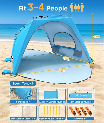 Raynesys Pop up Beach Tent Sun Shelter for 3-4 Person, Sky Blue in Saudi Arabia