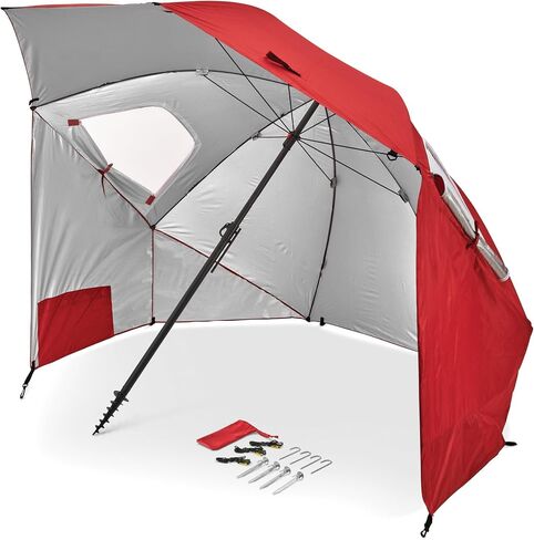 Sport-Brella Premiere XL UPF 50+ Umbrella Shelter with Patented Side Panels, Heavy-Duty 1.25 Inch Center Pole, Auger Anchor for Sand and Grass, 9 Foot Canopy, Cherry Red in Saudi Arabia