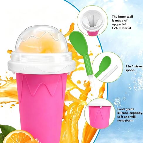 Portable Red Slushie Cup, Silicone Squeeze Maker, Iced Mug for Juice Milkshake Soda, DIY Smoothie Cooling Cup with 2-in-1 Spoon Straw, for Home, Outdoor Travel Use, 400ML in Saudi Arabia