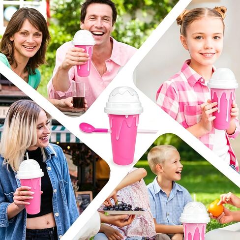 Portable Red Slushie Cup, Silicone Squeeze Maker, Iced Mug for Juice Milkshake Soda, DIY Smoothie Cooling Cup with 2-in-1 Spoon Straw, for Home, Outdoor Travel Use, 400ML in Saudi Arabia