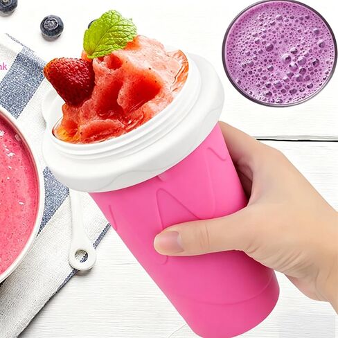 Portable Red Slushie Cup, Silicone Squeeze Maker, Iced Mug for Juice Milkshake Soda, DIY Smoothie Cooling Cup with 2-in-1 Spoon Straw, for Home, Outdoor Travel Use, 400ML in Saudi Arabia