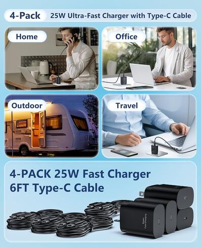 شاحن من النوع C شحن سريع لأجهزة سامسونج، 4 عبوات شاحن وكابل USB C بقدرة 25 وات in Saudi Arabia