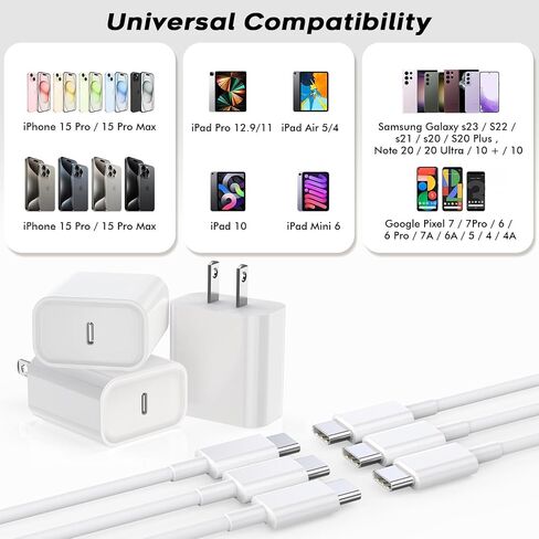 Fast USB C Charger Block,3Pack Long 6FT USBC to USBC Cable iPad Cord 20W iPhone 17 Pro Max Charger Travel Plug Fast Charging for iPhone 17/17 Air/17 Pro/16/16e/16 Pro/16Plus/15/15Pro/Pro Max/Plus,iPad in Saudi Arabia