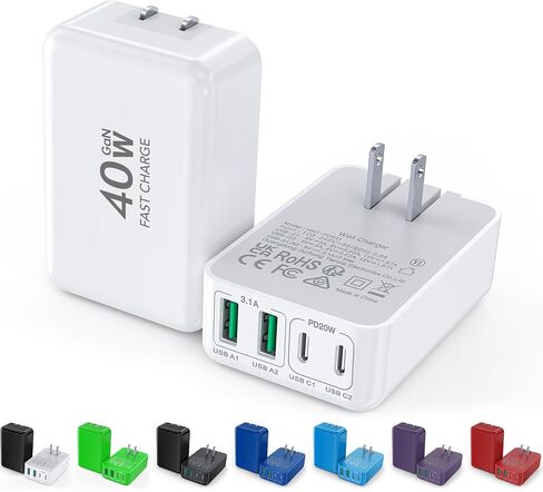 2Pack Flat USB C Wall Charger,40W 4Ports Foldable & Slim Fast Charging Block,Type C Cube Box Multiport Power Adapter Plug Brick Compatible with iPhone 17/16/15/14,Samsung,Pixel, AirPods4,Watch10 in Saudi Arabia