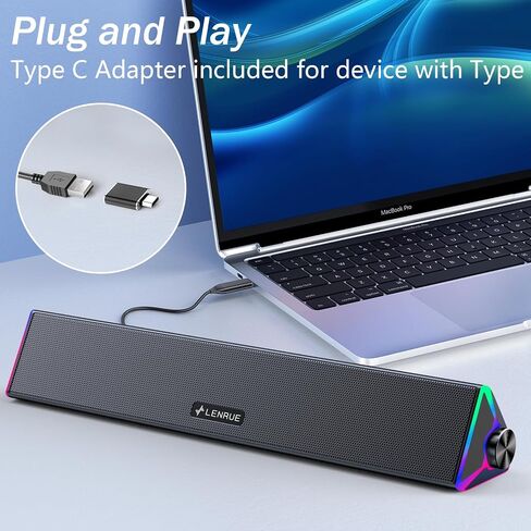 LENRUE Computer Speakers for Desktop,PC Speakers with Single USB for Power and Stereo Sound,Touch Lights Gaming Speakers Sound bar for Desktop PC Laptop(USB-C Adapter Included) in Saudi Arabia