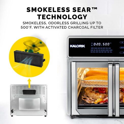 Kalorik Air Fryer Oven Grill MAXX Series 26-Quart with Smokeless Sear Technology Digital Controls Easy-View Door and 22 Smart Cooking Presets, Includes Cooking Accessories, 1700-Watts, Stainless Steel in Saudi Arabia