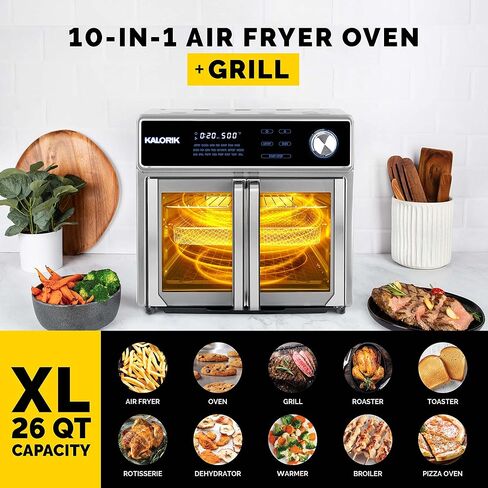 Kalorik Air Fryer Oven Grill MAXX Series 26-Quart with Smokeless Sear Technology Digital Controls Easy-View Door and 22 Smart Cooking Presets, Includes Cooking Accessories, 1700-Watts, Stainless Steel in Saudi Arabia