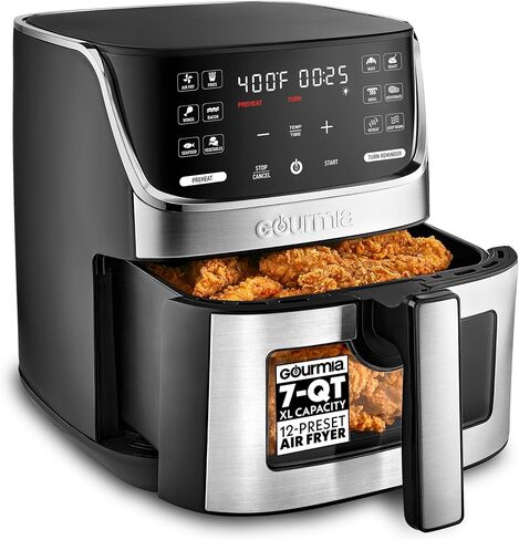 Gourmia Air Fryer - 7 Qt Large Capacity with LED Display, 12 One-Touch Presets, FryForce 360° Technology, Nonstick Dishwasher-Safe Basket & Crisper Tray, Stainless Steel in Saudi Arabia