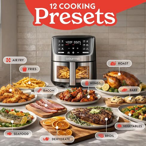 Gourmia Air Fryer - 7 Qt Large Capacity with LED Display, 12 One-Touch Presets, FryForce 360° Technology, Nonstick Dishwasher-Safe Basket & Crisper Tray, Stainless Steel in Saudi Arabia