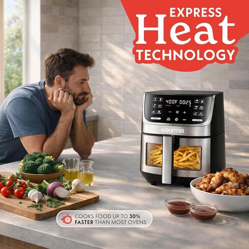 Gourmia Air Fryer - 7 Qt Large Capacity with LED Display, 12 One-Touch Presets, FryForce 360° Technology, Nonstick Dishwasher-Safe Basket & Crisper Tray, Stainless Steel in Saudi Arabia