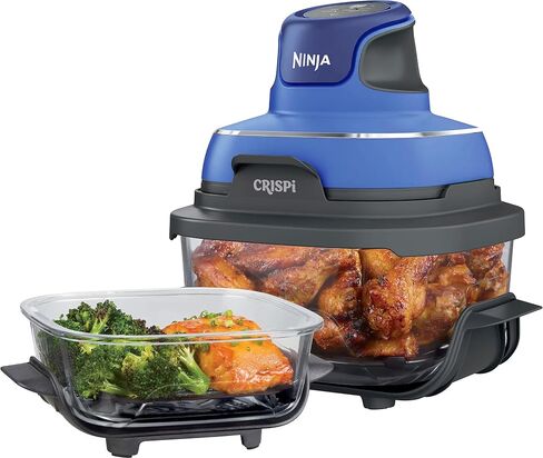 Ninja Crispi Air Fryer, Microwave, Freezer & Dishwasher Safe, Non Toxic Glass Portable Cooking System, 4 QT & 6 Cup Glass Containers with Storage Lids, Easy Meals, Air Fry, Bake, Blue (Renewed) in Saudi Arabia