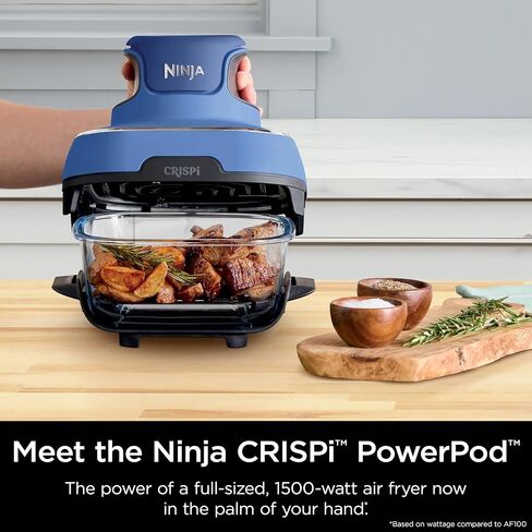 Ninja Crispi Air Fryer, Microwave, Freezer & Dishwasher Safe, Non Toxic Glass Portable Cooking System, 4 QT & 6 Cup Glass Containers with Storage Lids, Easy Meals, Air Fry, Bake, Blue (Renewed) in Saudi Arabia