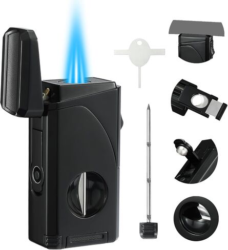 All in One Triple Jet Flame Butane Torch Lighter Built-in Cutter, Cutter V Cut, Punch, Holder Function, Draw Enhancer Tool, Refillable Windproof Gas Lighter, Mens Gifts. Grey(Sold Without Gas) ﻿ in Kuwait