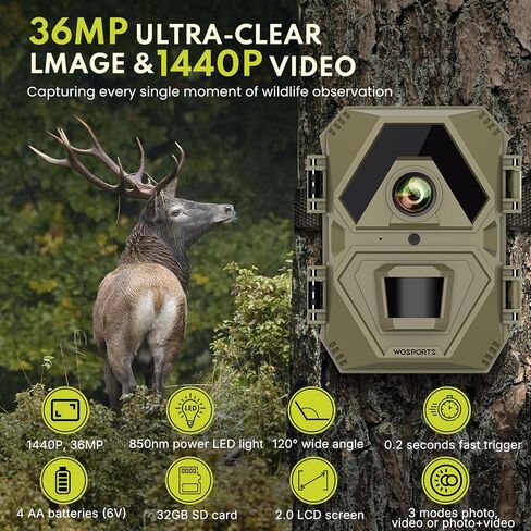 WOSPORTS Mini Trail Camera 1440P 36MP,Game Camera with Night Vision 0.2s Trigger Time Motion Activated Waterproof 120° Trail Cam for Wildlife Monitoring Card Reader in Kuwait