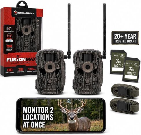 كاميرا Stealth Cam Fusion MAX الخلوية المكونة من قطعتين مع بطاقتي SD من Lexar سعة 32 جيجابايت | ثنائي الشريحة AT&T + Verizon | صورة بدقة 36 ميجابكسل، فيديو عالي الدقة 720 بكسل، سرعة تشغيل تبلغ 0.35 ثانية in Saudi Arabia