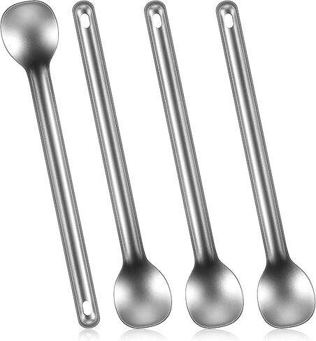 Hoolerry 4 Pieces Camping Spoon Long Handle Titanium Spoon Lightweight Ultralight Portable Flatware Soup Utensil for Outdoor Camping Backpacking Hiking Travel Picnic(Silver) in Saudi Arabia