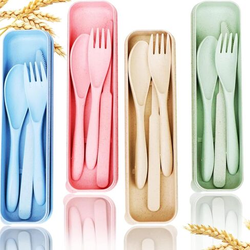 Reusable Travel Cutlery Set with Case, 4-Pack Wheat Straw Portable Knife Fork Spoon Set, BPA-Free Eco-Friendly Utensils for Kids & Adults, Picnic & Camping (Green, Beige, Pink, Blue) in Saudi Arabia