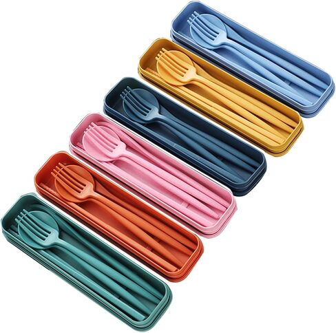 6 Pack Wheat Straw Cutlery, Portable Travel Utensils Spoon Fork Knife, Reusable Flatware Set with Case for Travel Office Lunch Camping Daily Use(6 Colors) in Saudi Arabia