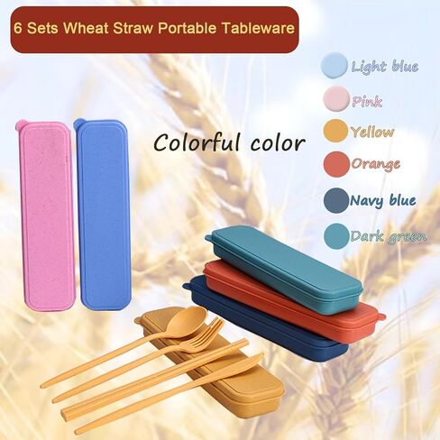 6 Pack Wheat Straw Cutlery, Portable Travel Utensils Spoon Fork Knife, Reusable Flatware Set with Case for Travel Office Lunch Camping Daily Use(6 Colors) in Saudi Arabia