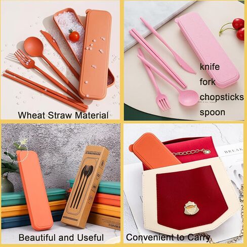6 Pack Wheat Straw Cutlery, Portable Travel Utensils Spoon Fork Knife, Reusable Flatware Set with Case for Travel Office Lunch Camping Daily Use(6 Colors) in Saudi Arabia
